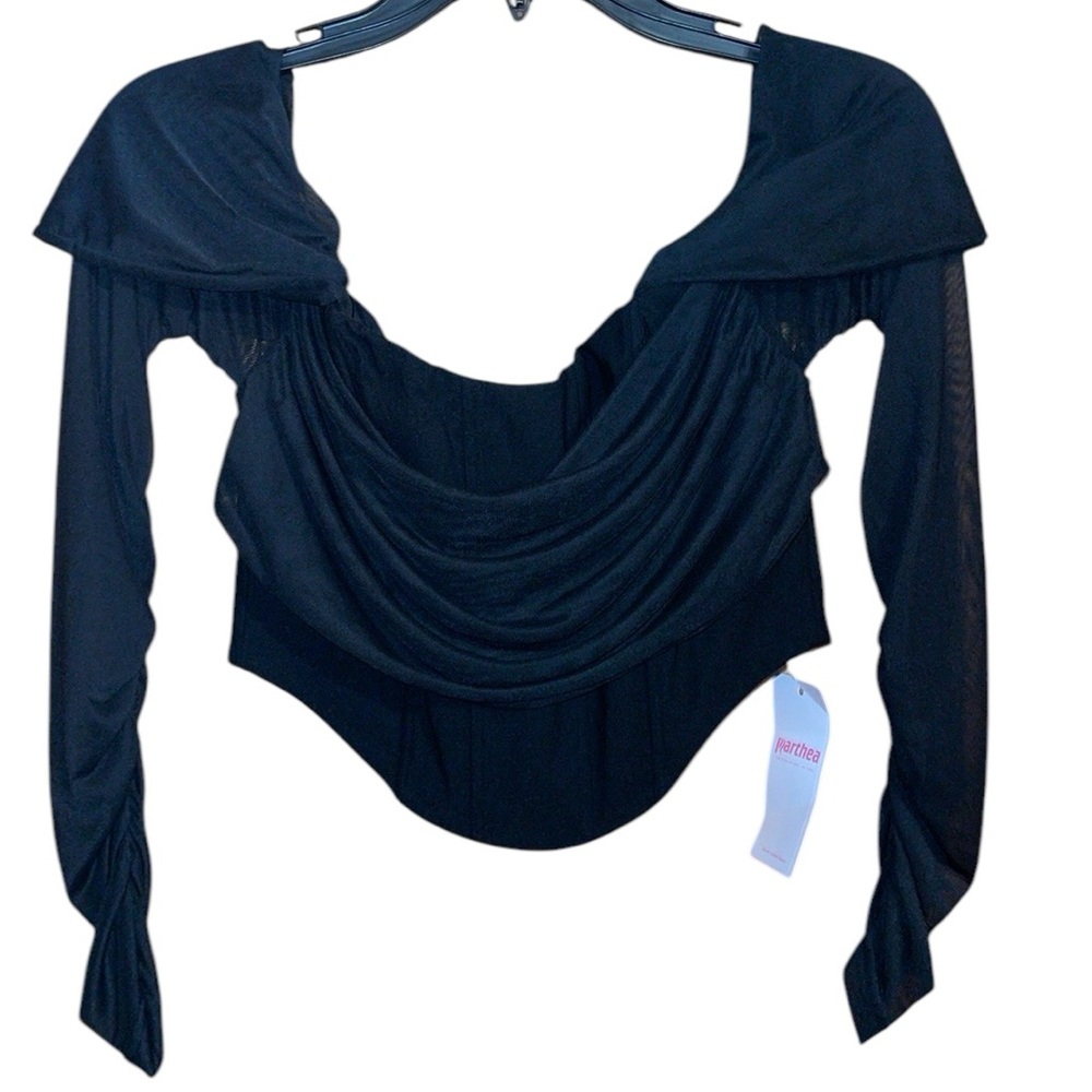 •MARTHEA•NWT BLACK CORSET TOP W/SHEAR LACE OVERLAY LONG SLEEVE SIZE MEDIUM